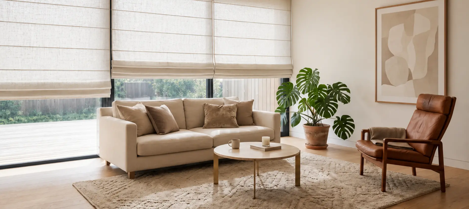 Salon lumineux avec store bateau en lin naturel filtrant la lumière, canapé en lin écru et grand tapis beige à motifs berbères discrets sur parquet chêne clair