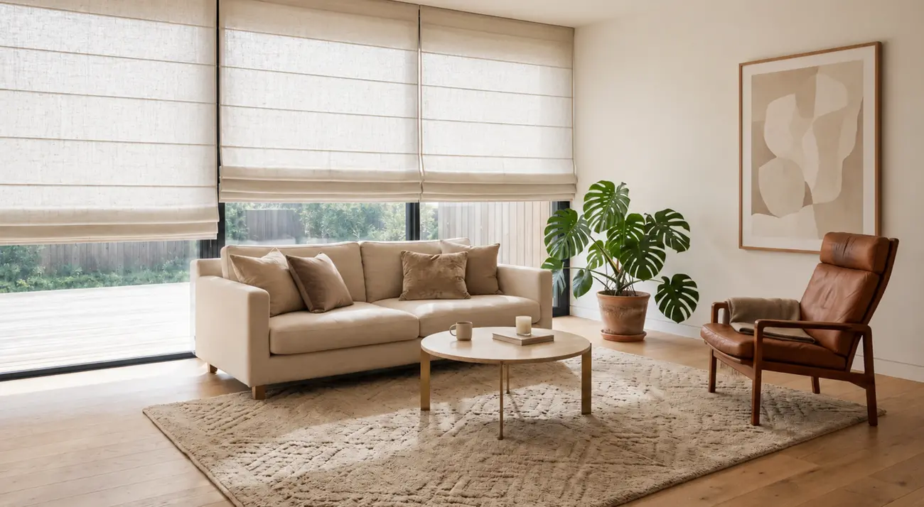 Salon lumineux avec store bateau en lin naturel filtrant la lumière, canapé en lin écru et grand tapis beige à motifs berbères discrets sur parquet chêne clair