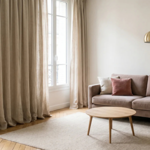 Salon contemporain avec fen&ecirc;tre &eacute;quip&eacute;e de rideaux longs en lin naturel &eacute;cru tombant jusqu'au sol, grand tapis 200&times;290 cm en laine beige sable au sol, canap&eacute; en velours taupe rose, coh&eacute;rence visuelle entre les rideaux, le tapis et le mobilier
