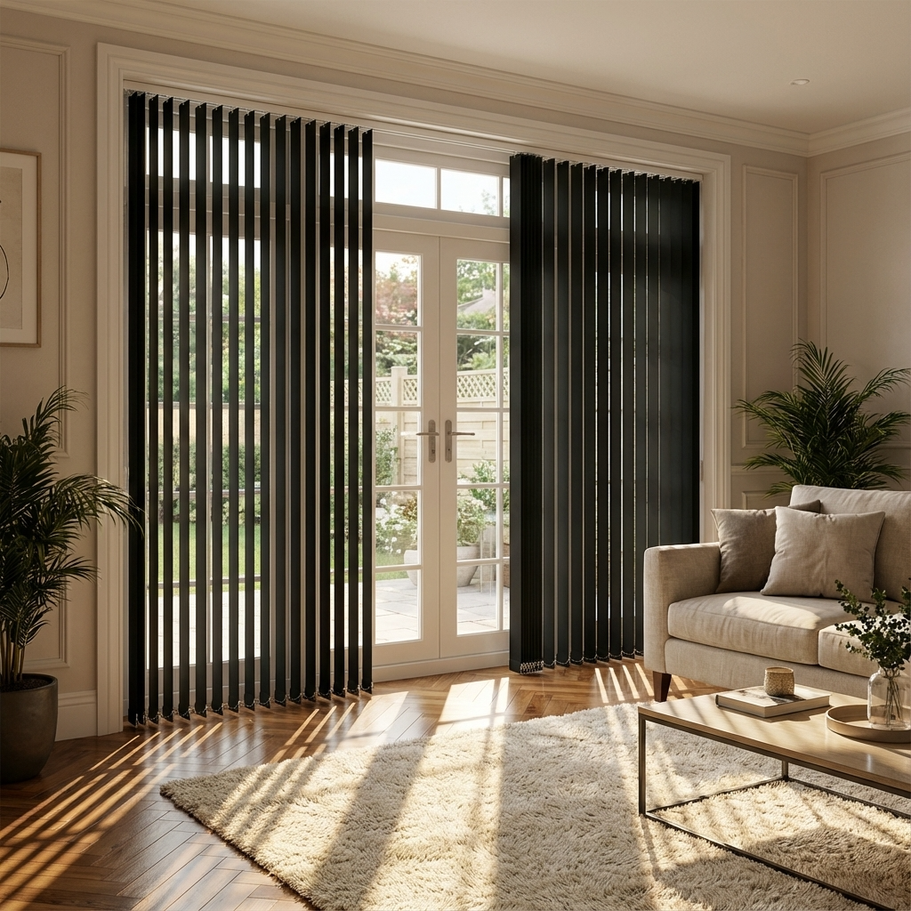 Store californien uni - lames verticales de 127mm pose plafond - polyester - tamisant - durable et élégant