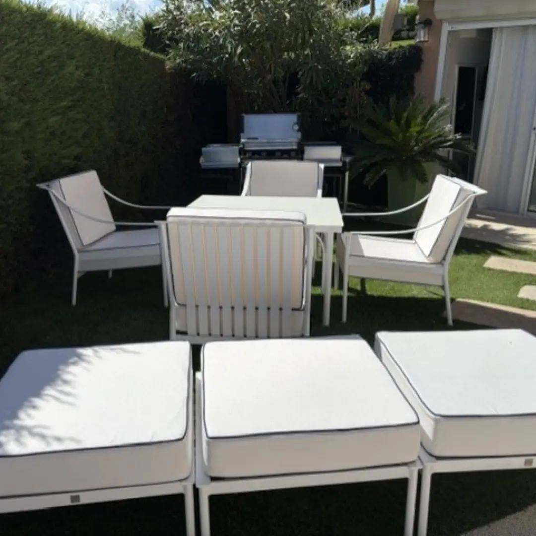 Coussins banquette extérieurs oxford blanc table jardin