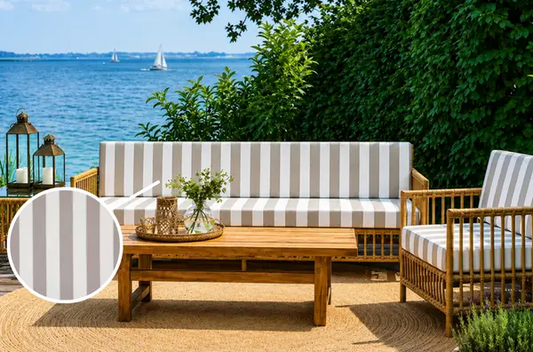 Coussins banquette extérieur sur mesure rayures beige pour salon de jardin en bois
