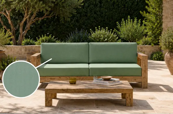 coussin banquette extérieur anti-tache uni beige sur terrasse