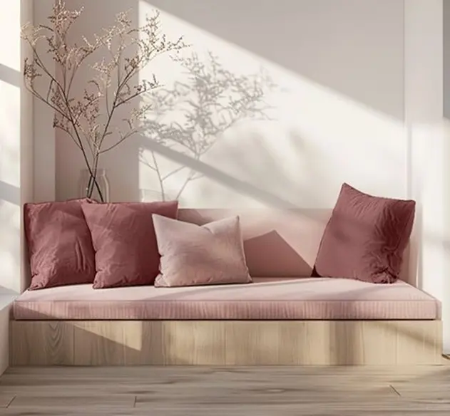 coussin d’assise intérieur rose poudré anti-tâche sur banquette