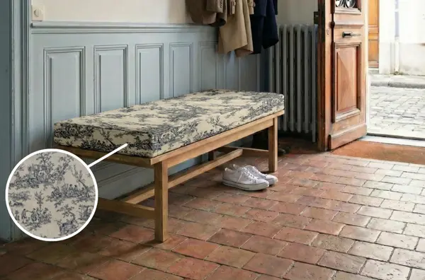 coussin banquette intérieur toile de jouy bleu indigo