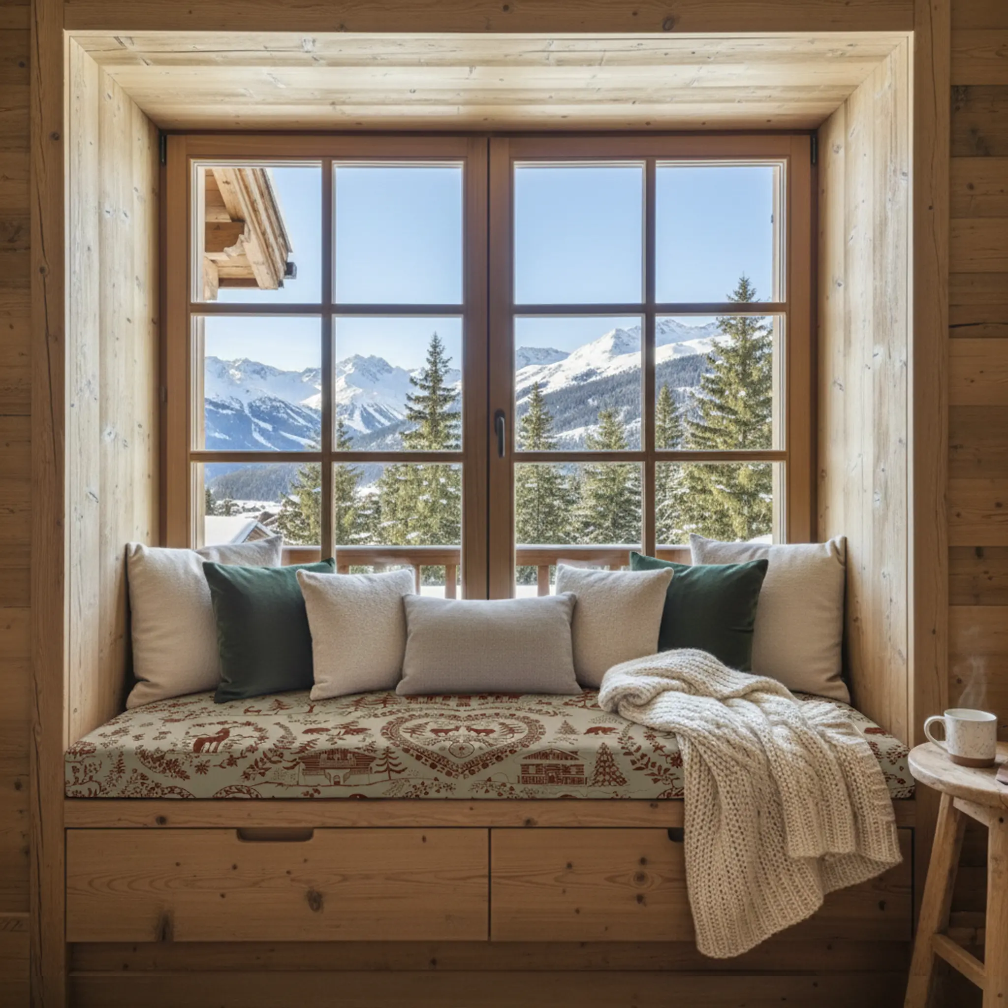 Coussin banquette intérieur à motifs montagne - Tissu chalet ficelle