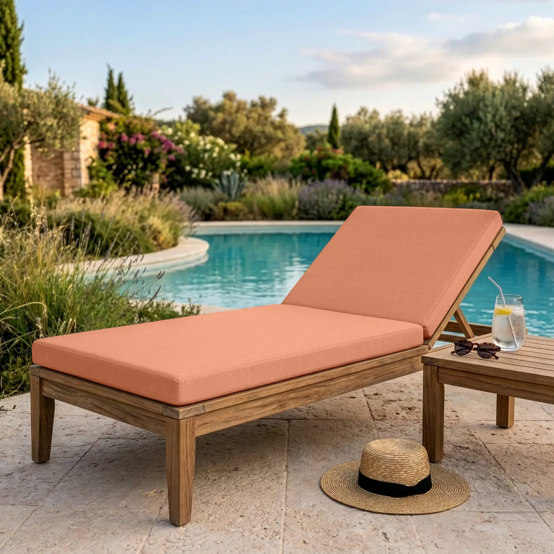Coussin bain de soleil - Coloris pêche Sunbrella® - Matelas transat déperlant - Anti-UV - Confort extérieur fabrication française