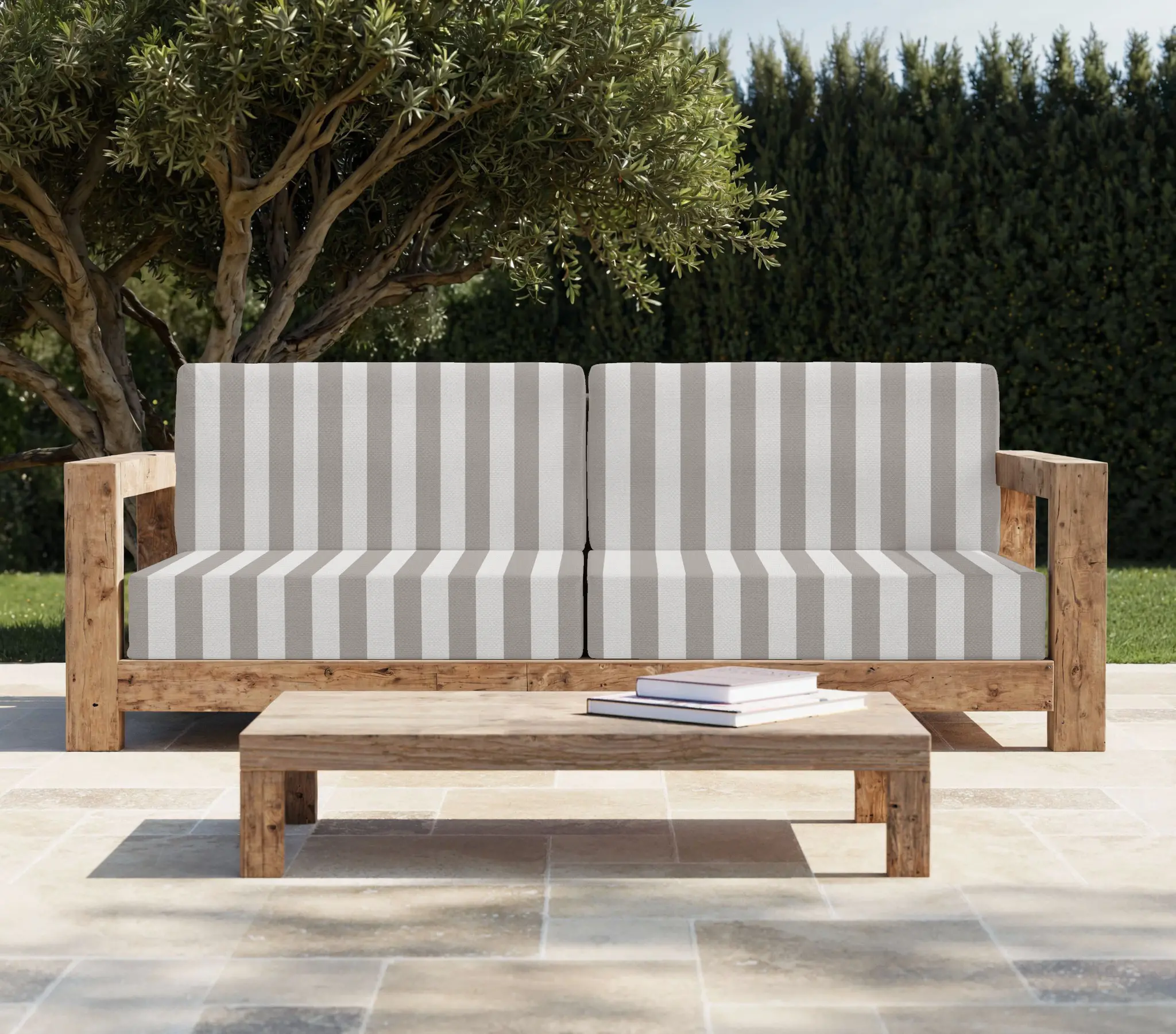 Coussin Banquette Extérieur Anti-tache - Rayures Larges - Greige