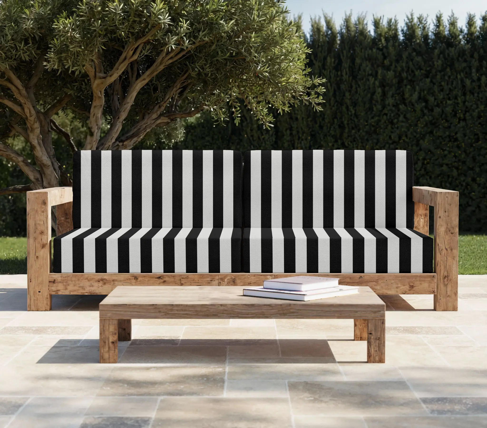 Coussin outdoor noir - Coussin d’assise extérieur rayures larges 6 cm - Tissu acrylique déperlant anti-UV anti-tache - Sur mesure fabrication