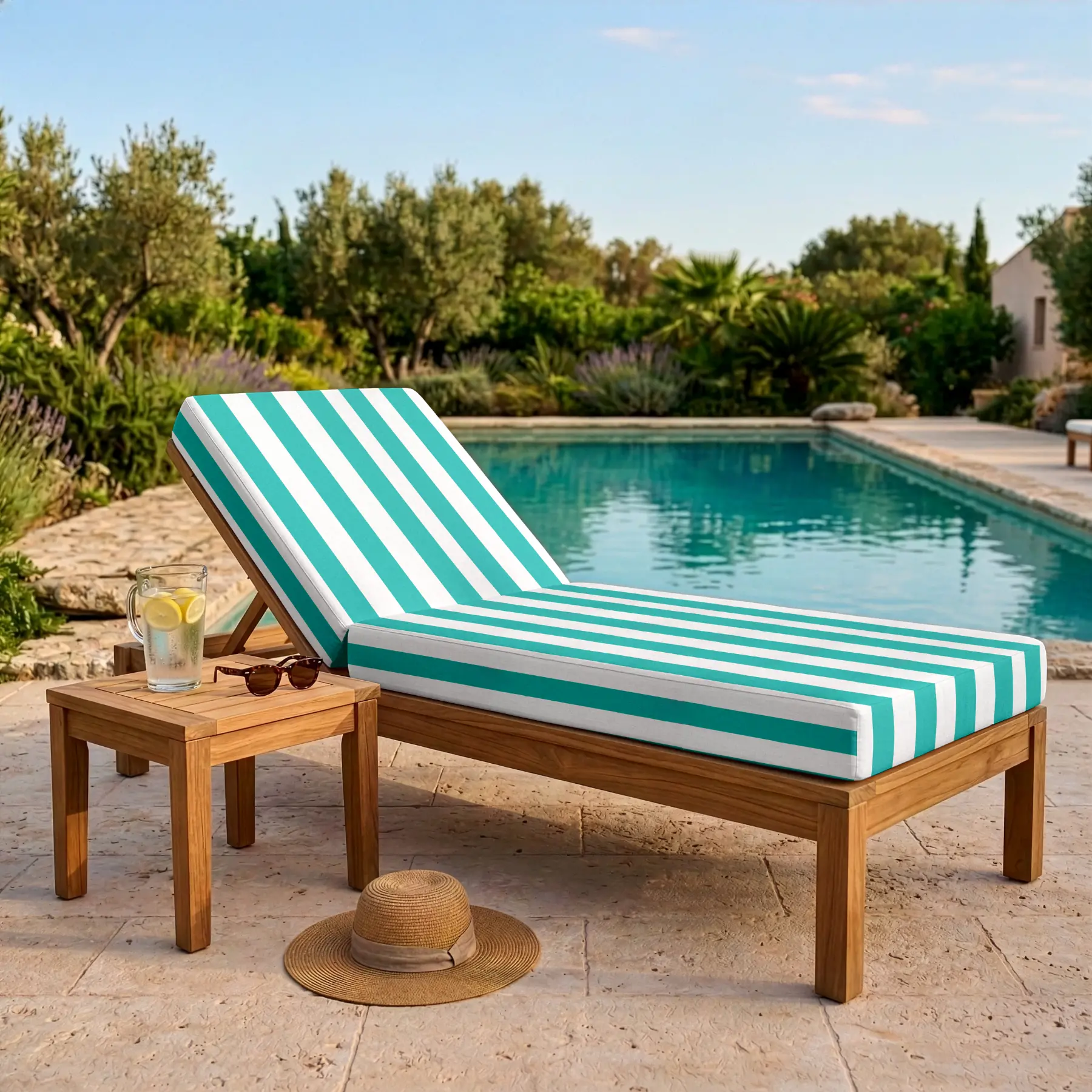 Coussin bain de soleil - Rayure bleu turquoise et blanc - Matelas extérieur respirant - Déperlant - Anti-UV et Anti-tache - Made in France