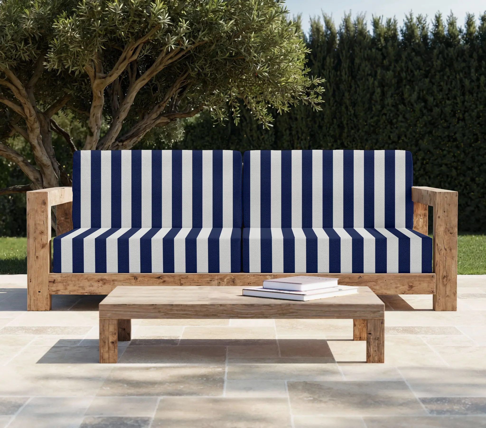 Coussin banquette extérieur anti-tache - rayures larges - Bleu marine
