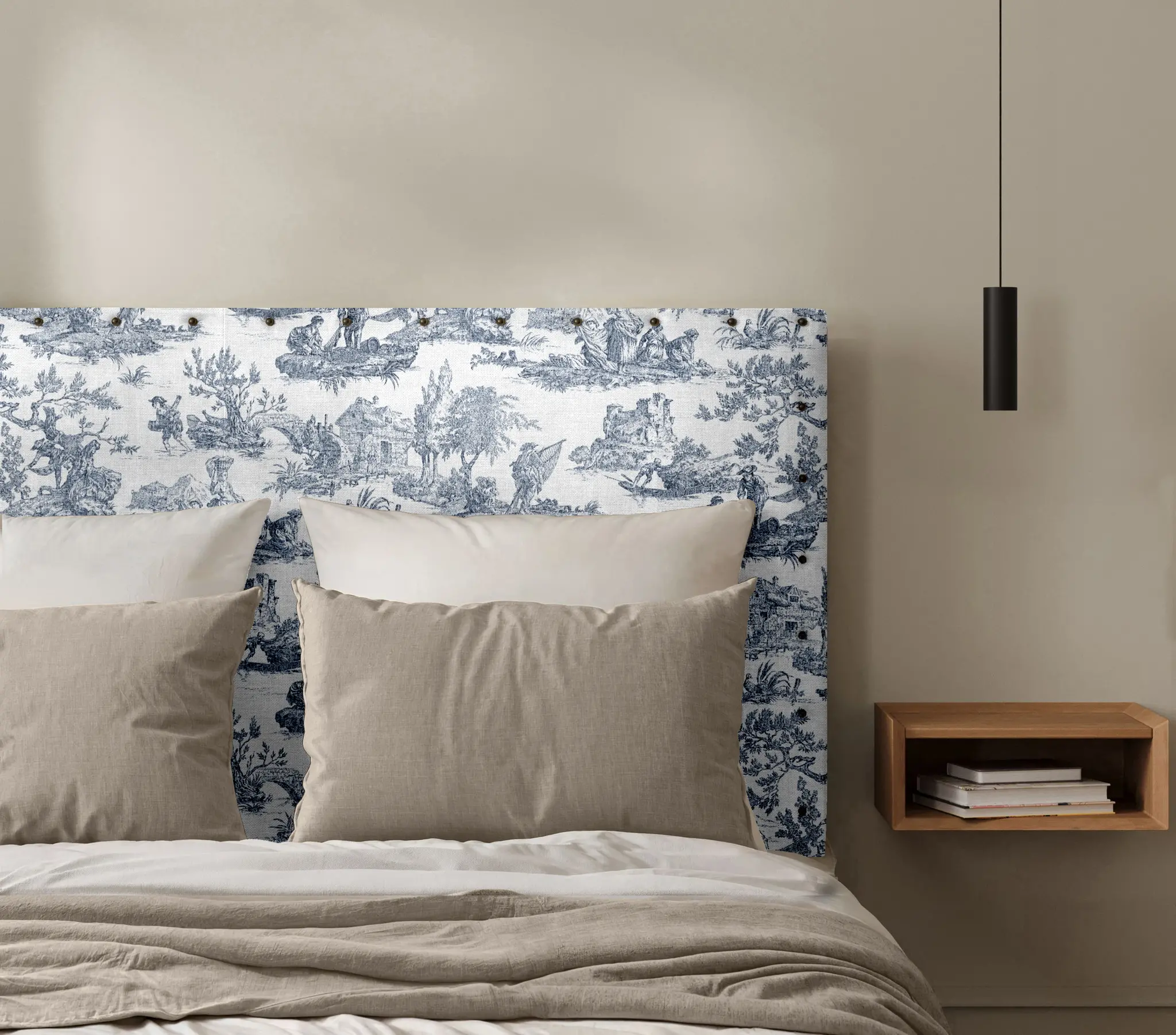 Tête de Lit Cloutée Toile de Jouy Bleu Indigo