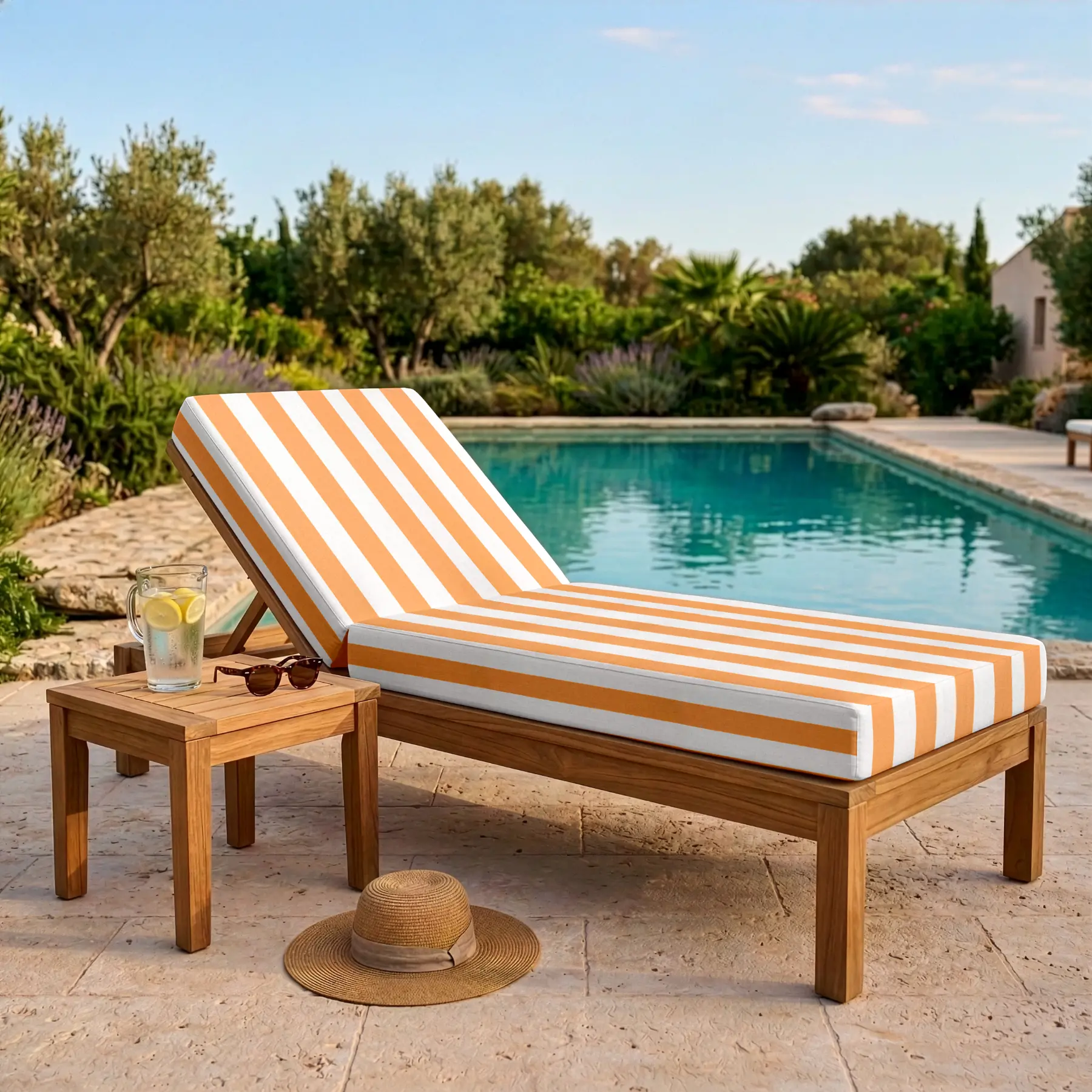 Coussin bain de soleil - Rayure orange et blanc - Matelas transat imperméable - Résistant UV et intempéries - Fabrication française