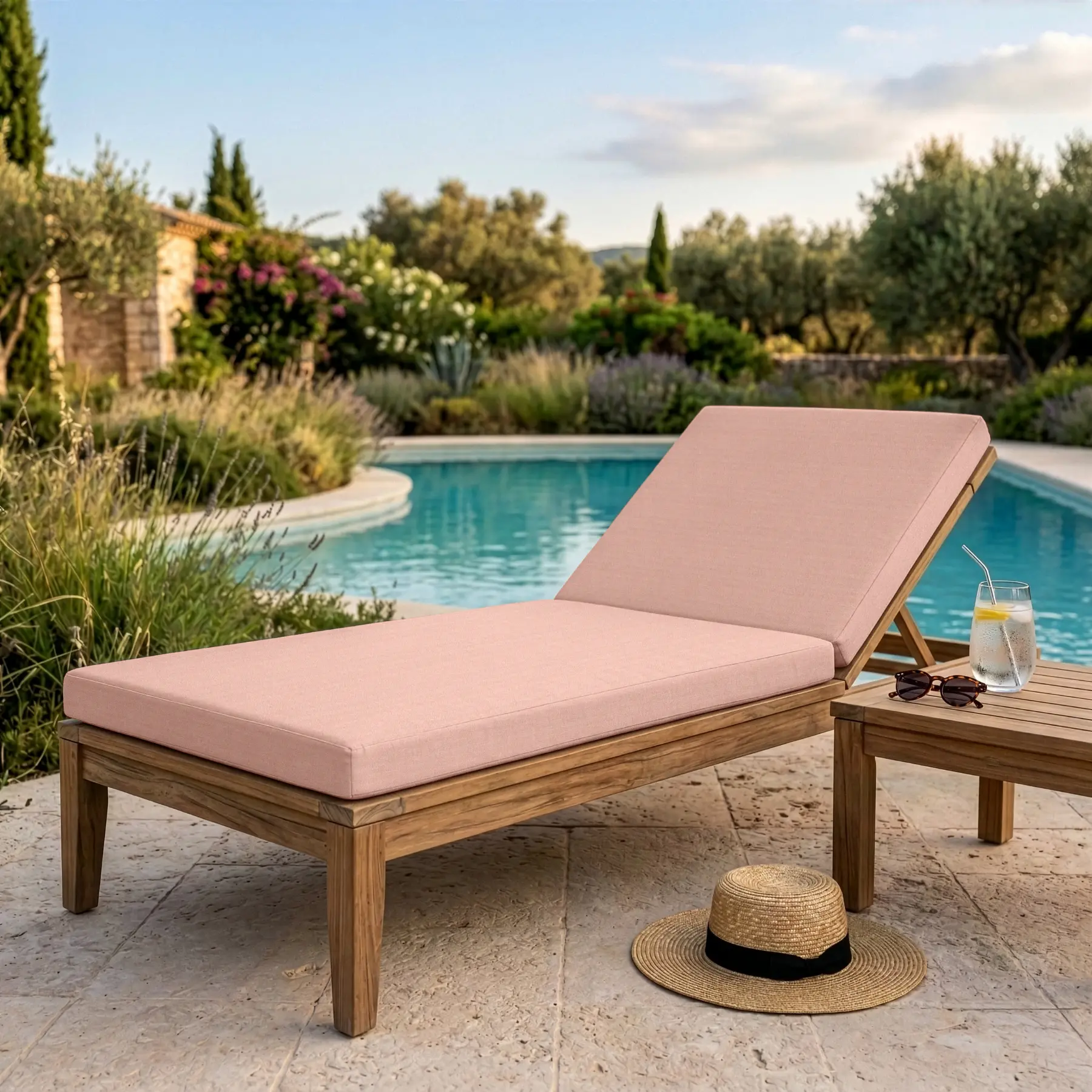 Coussin bain de soleil - Coloris rose poudré Sunbrella® - Coussin transat élégant - Imperméable - Résistant soleil