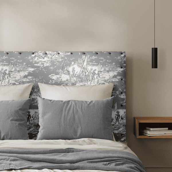 Tête de Lit Cloutée Toile de Jouy Gris