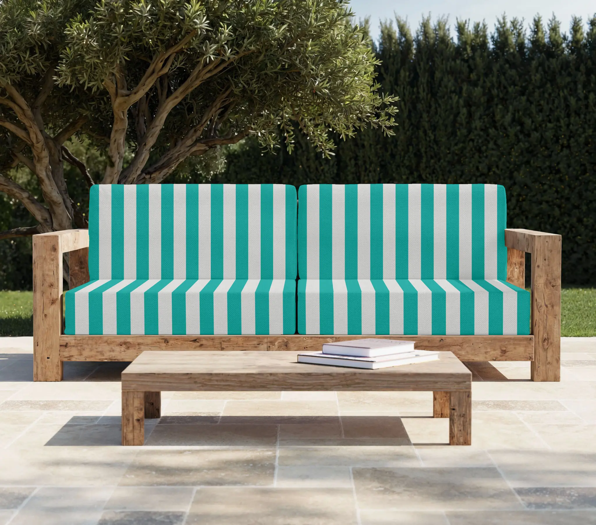 Coussin banquette extérieur anti-tache - rayures larges - Turquoise