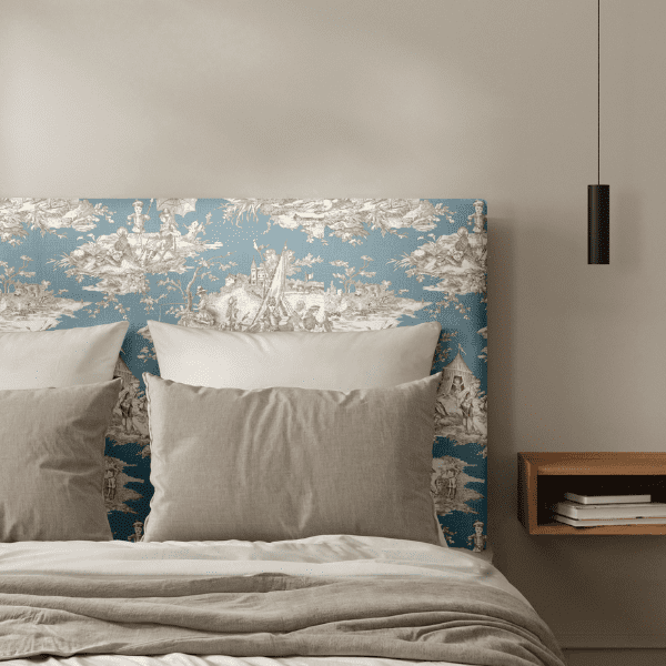 Tête de Lit Toile de Jouy Bleu Ciel Beige
