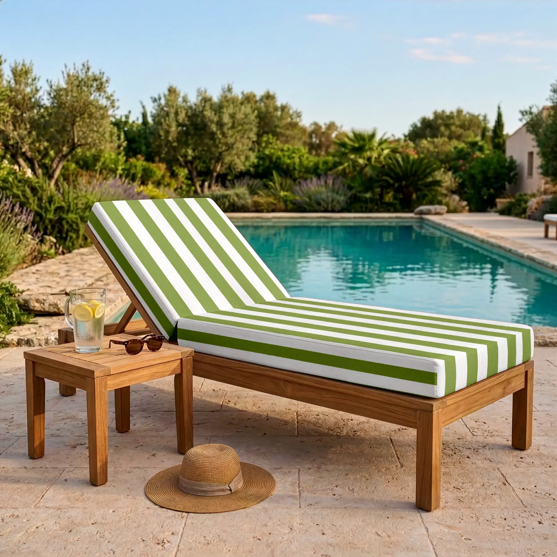 Coussin bain de soleil - Rayure vert olive et blanc - Matelas transat déperlant - Anti-UV et Anti-tache - Confort extérieur fabrication française
