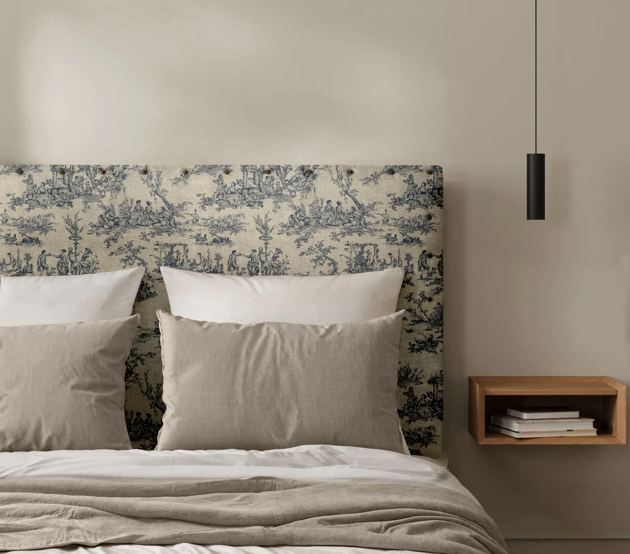 Tête de Lit Cloutée Toile de Jouy Bleu Encre