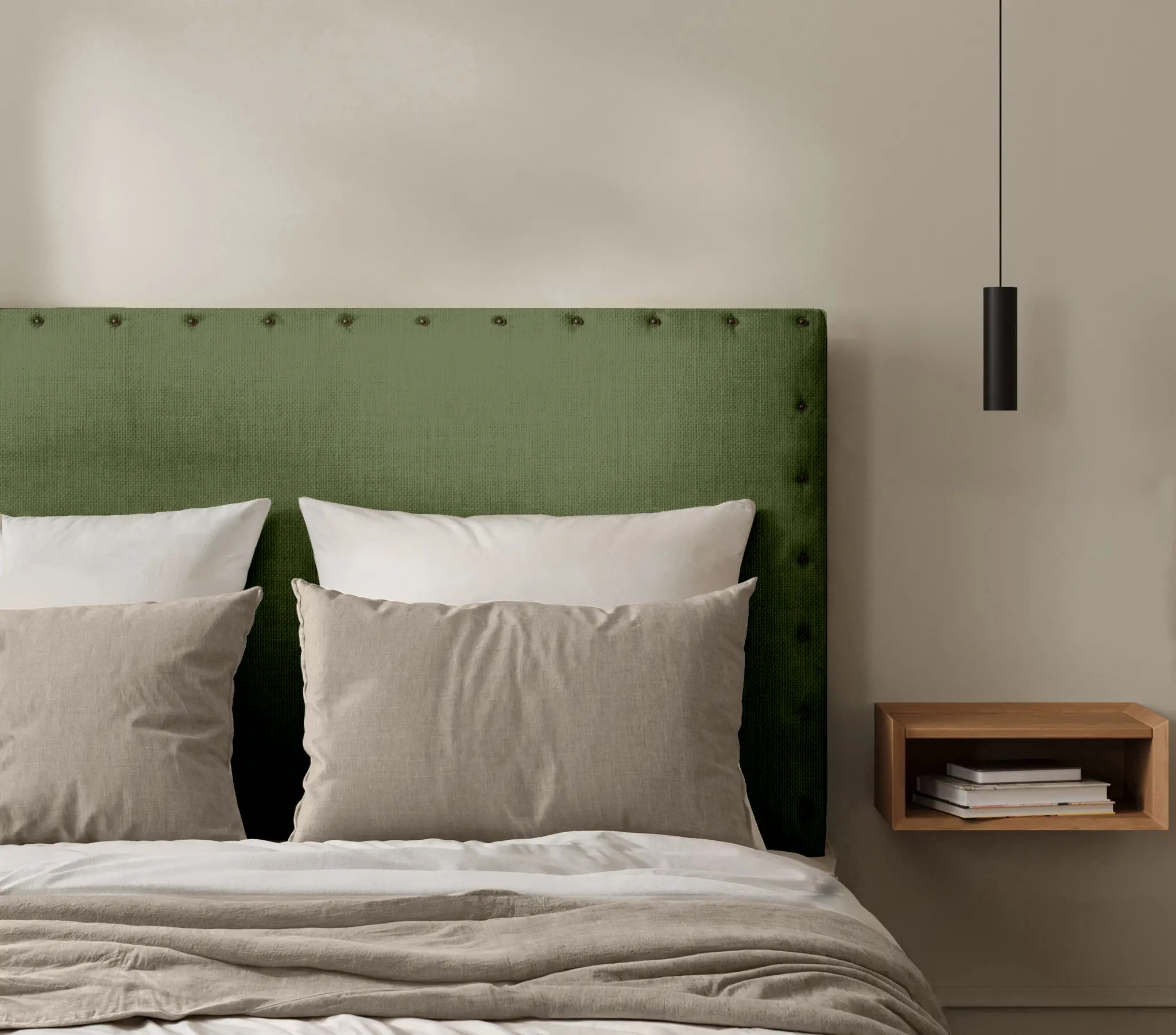 Tête de Lit Cloutée Lin Uni Vert Olive