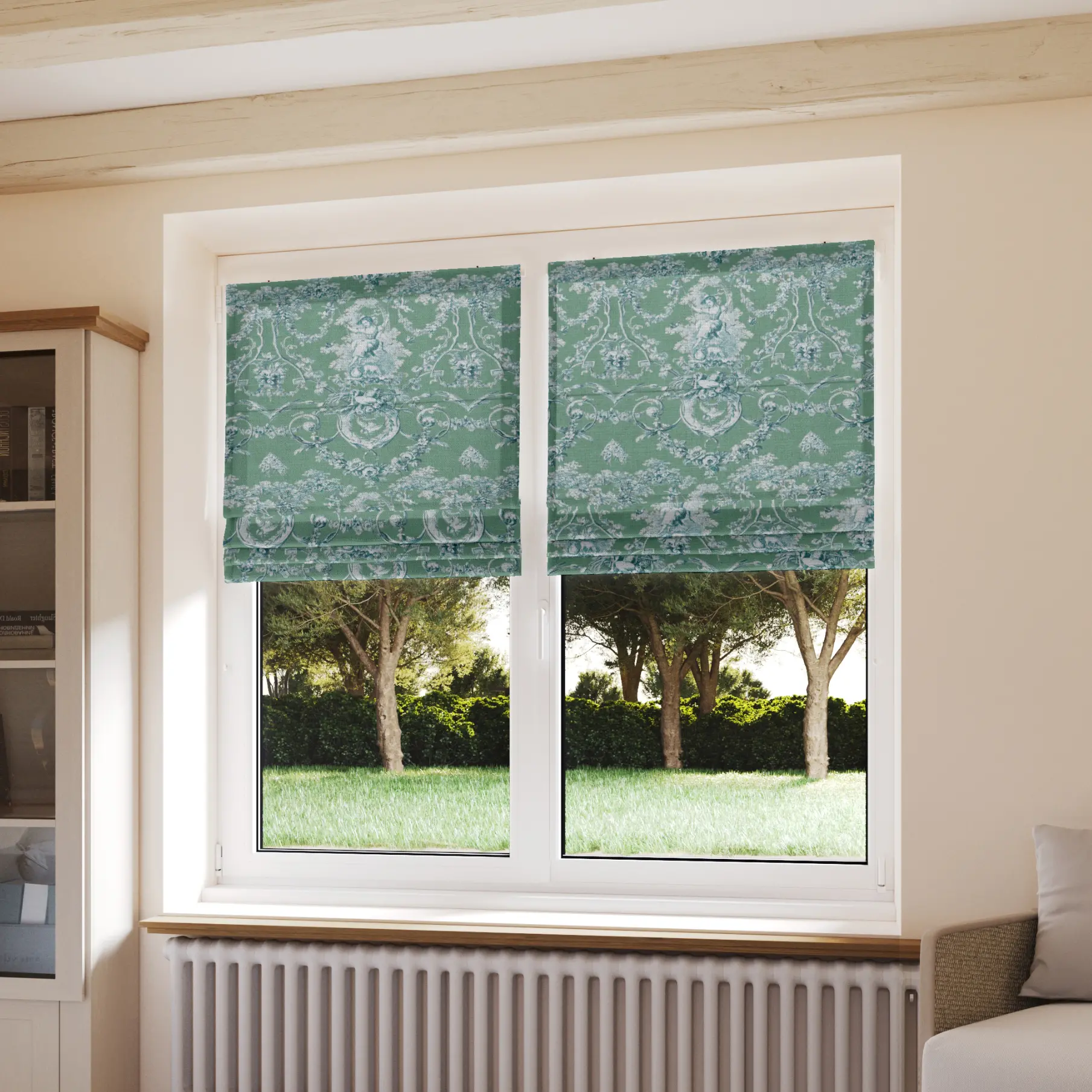 Stores bateaux Toile de Jouy vert - coton - sur mesure - Ambiance classique - design épuré - durable et élégant