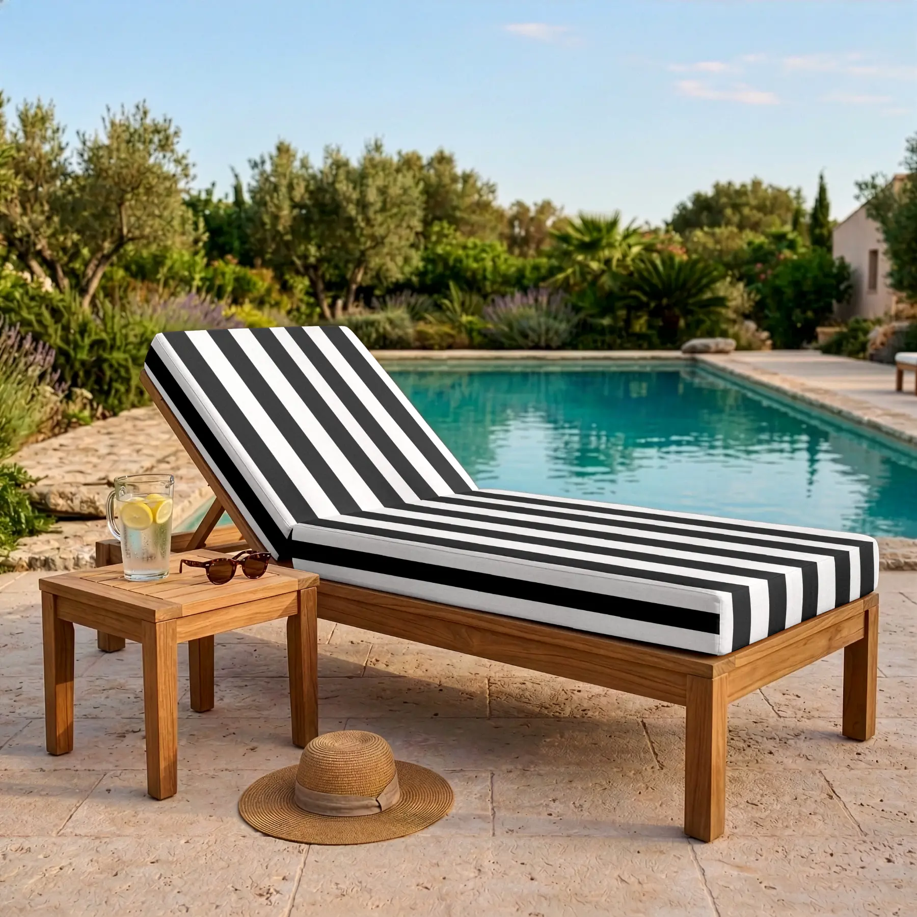 Coussin bain de soleil - Rayure noir et blanc - Matelas transat déperlant - Anti-UV et Anti-tache - Confort extérieur fabrication française