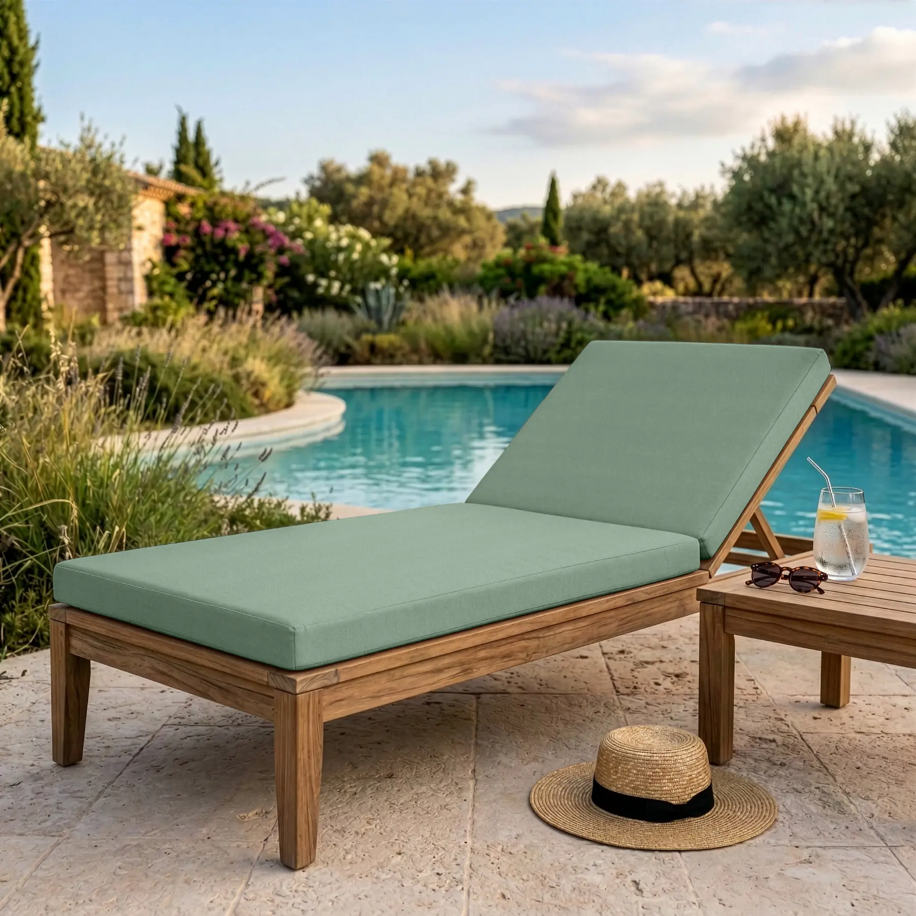 Coussin bain de soleil - Coloris vert d'eau Sunbrella® - Matelas extérieur respirant - Déperlant - Anti-UV - Made in France
