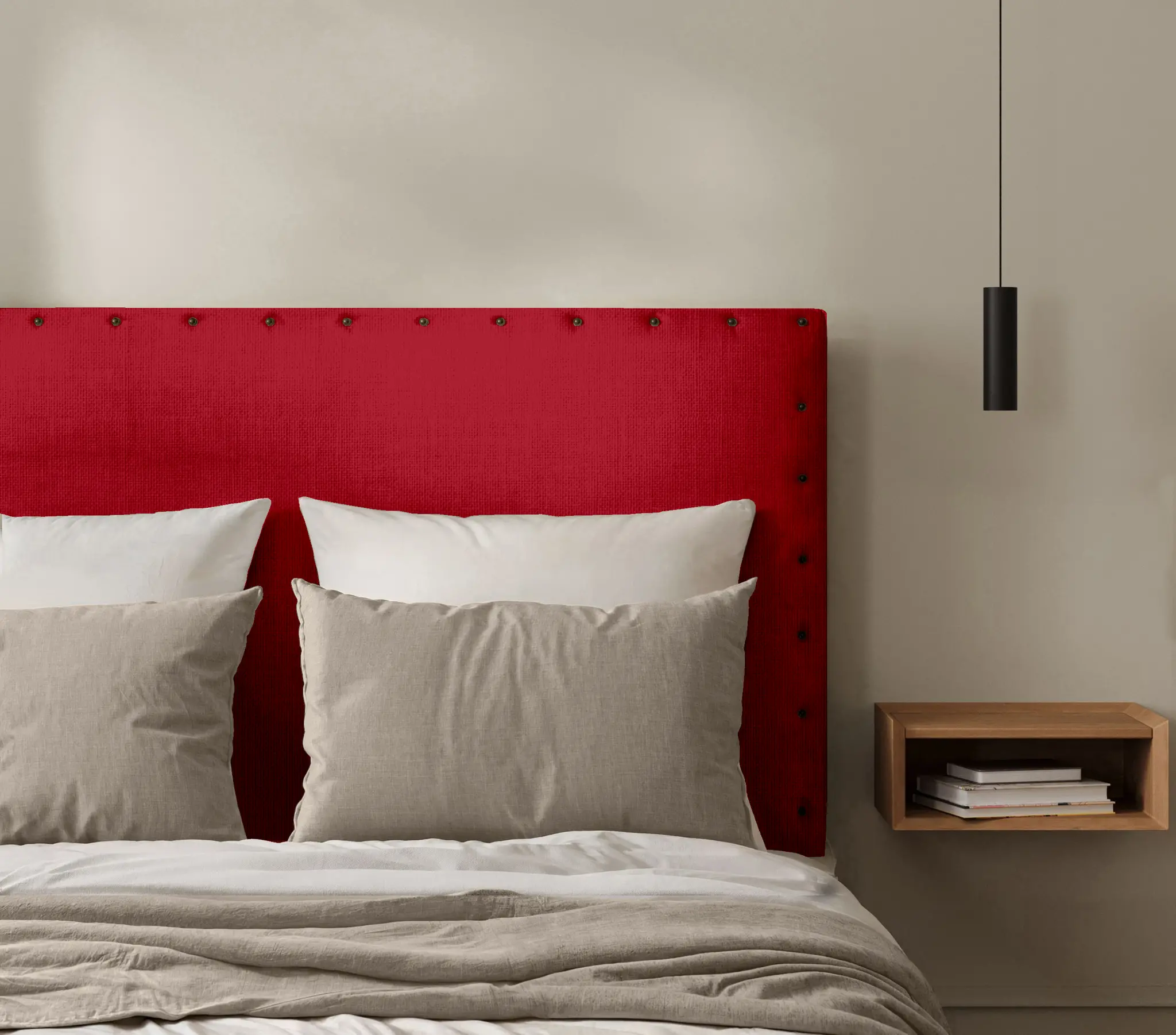 Tête de Lit Cloutée Lin Uni Rouge