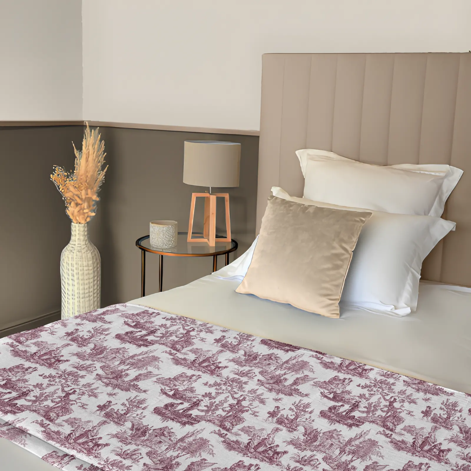 Chemin de Lit Toile de Jouy Rouge Grenat