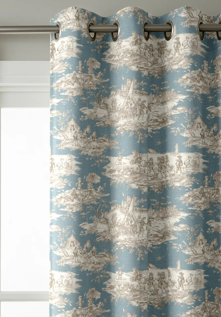 Rideaux Toile de Jouy bleu ciel beige