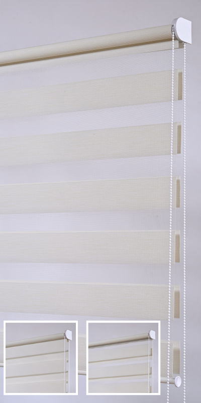 Stores enrouleurs jour nuit aspect naturel blanc Créme - polyester - sur mesure - sans perçage - Chaînette manuelle métal ou PVC selon coloris