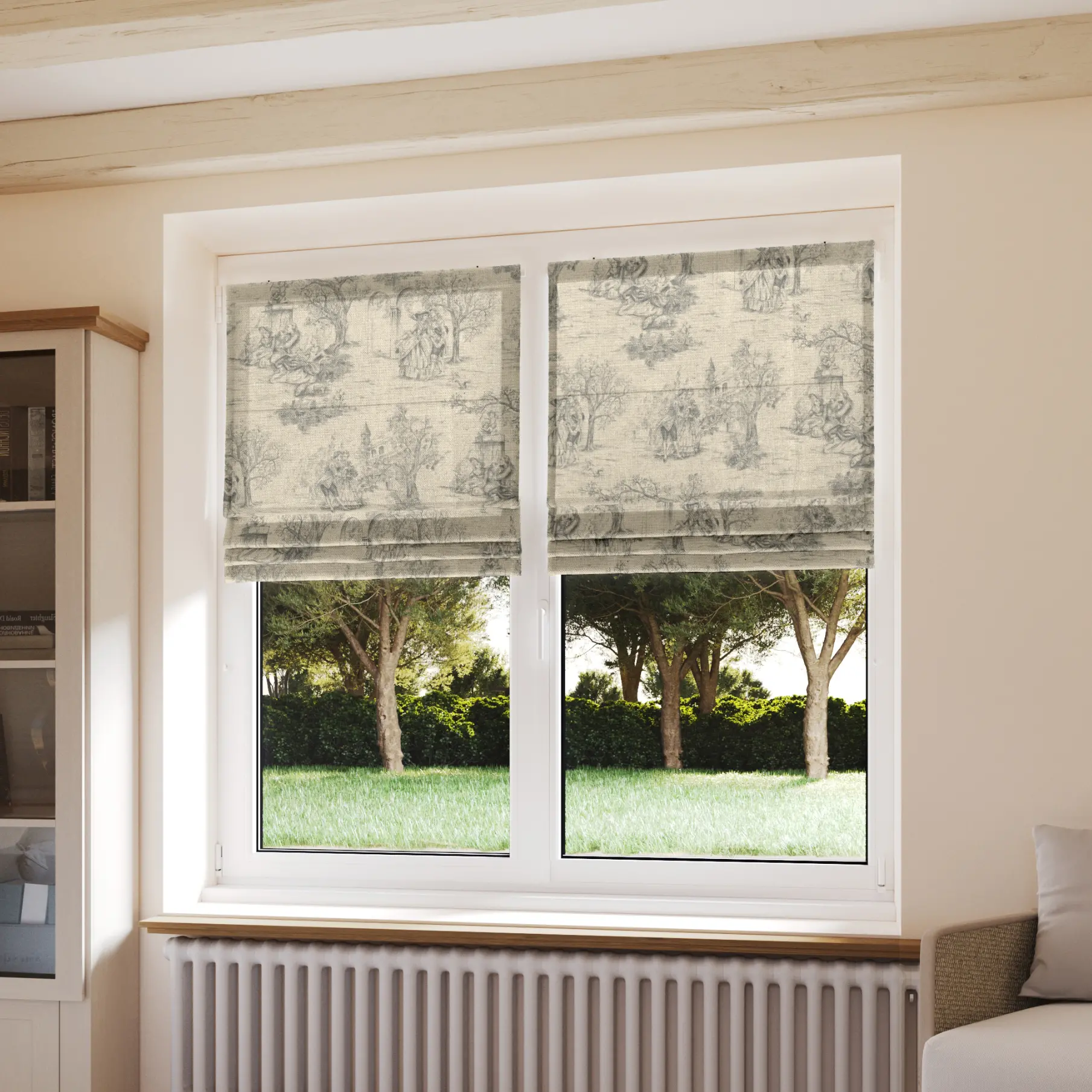 Stores bateaux Toile de Jouy gris clair - coton - sur mesure - Ambiance classique - durable et élégant