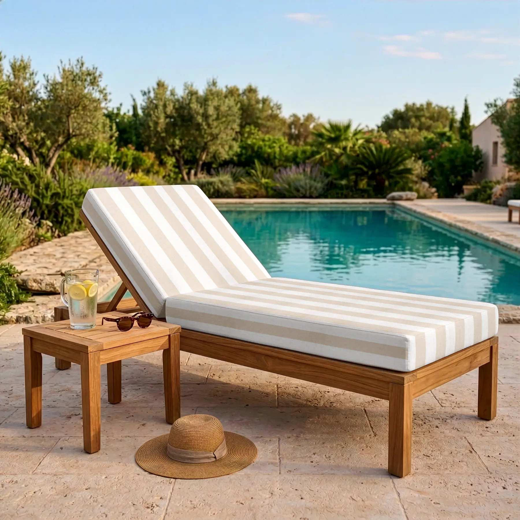 Coussin bain de soleil - Rayure beige et blanc - Matelas transat déperlant - Anti-UV et Anti-tache - Confort extérieur Made in France