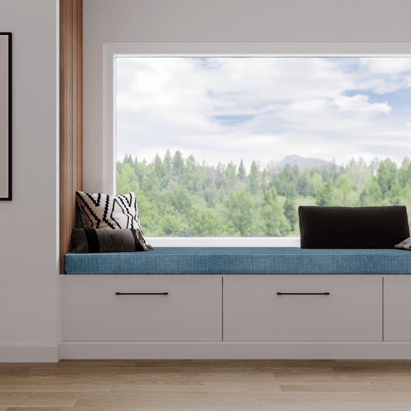 Coussin Banquette Intérieur Bleu Velours Chenillé Passepoil Blanc — vue 3