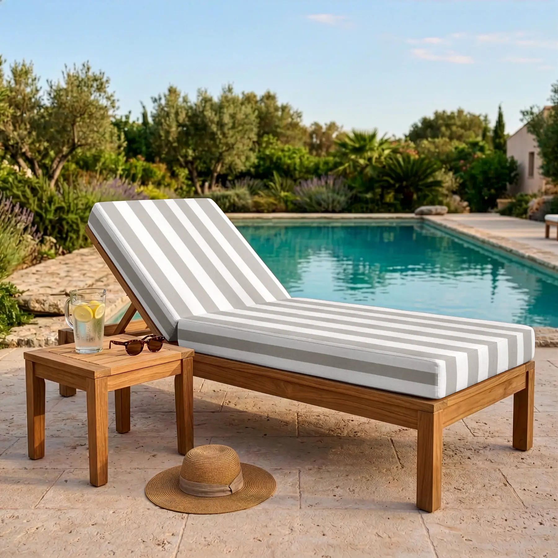 Coussin bain de soleil - Rayure gris et blanc - Matelas bain de soleil imperméable - Résistant soleil et piscine - Made in France