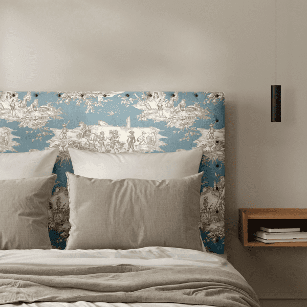 Tête de Lit Cloutée Toile de Jouy Bleu Ciel