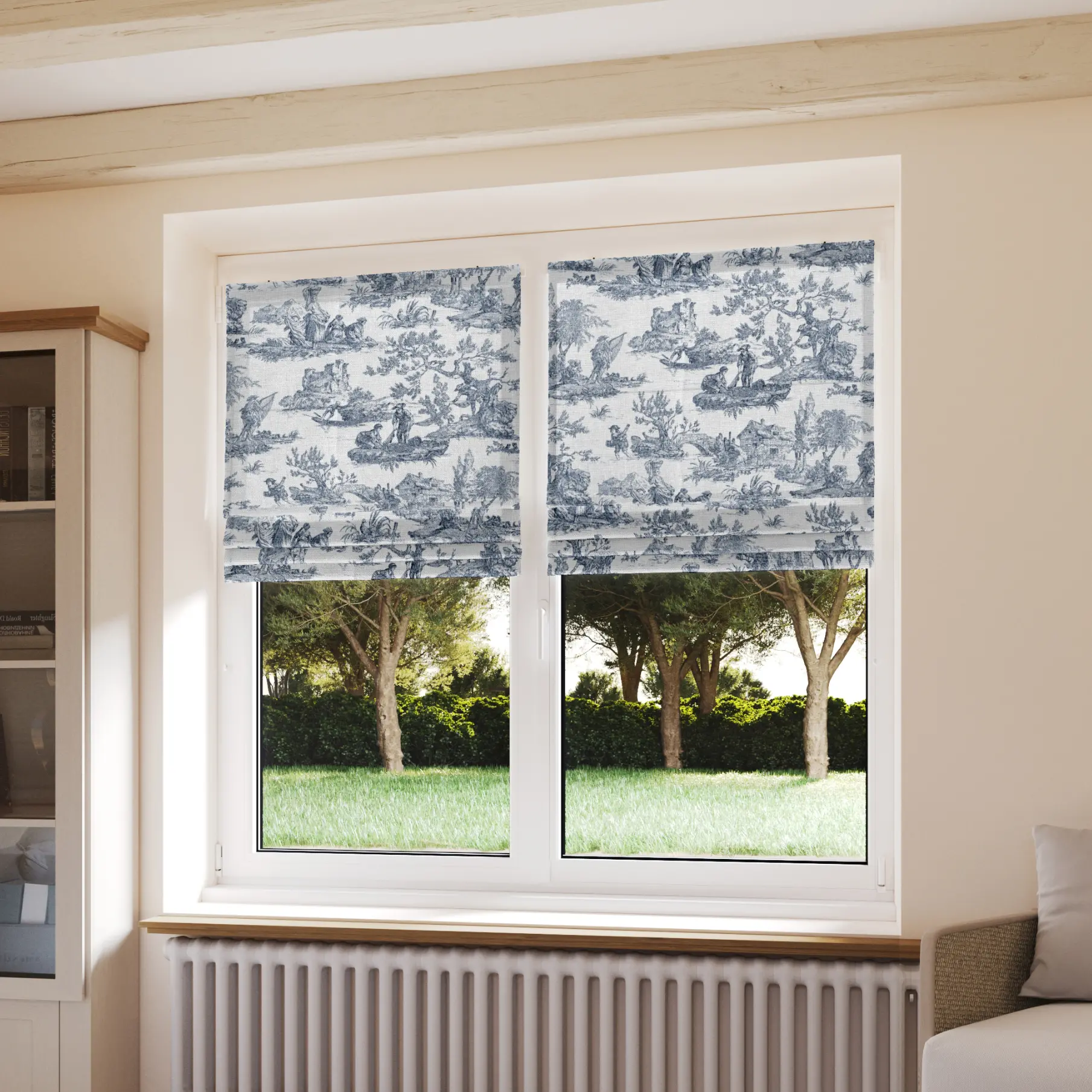 Stores bateaux Toile de Jouy bleu indigo - coton - sur mesure