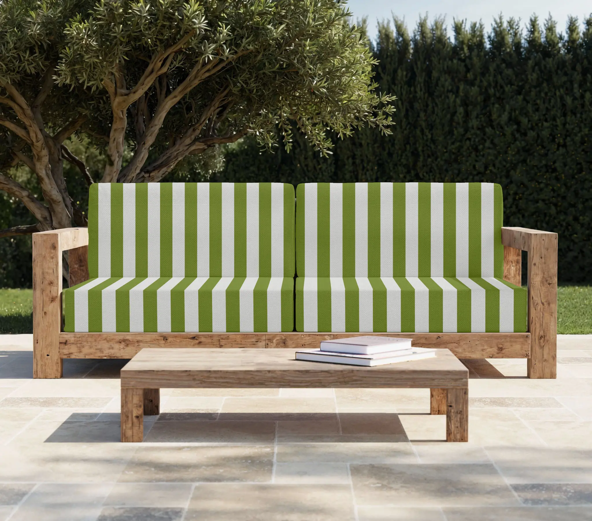Coussin banquette extérieur anti-tache - rayures larges - Vert olive