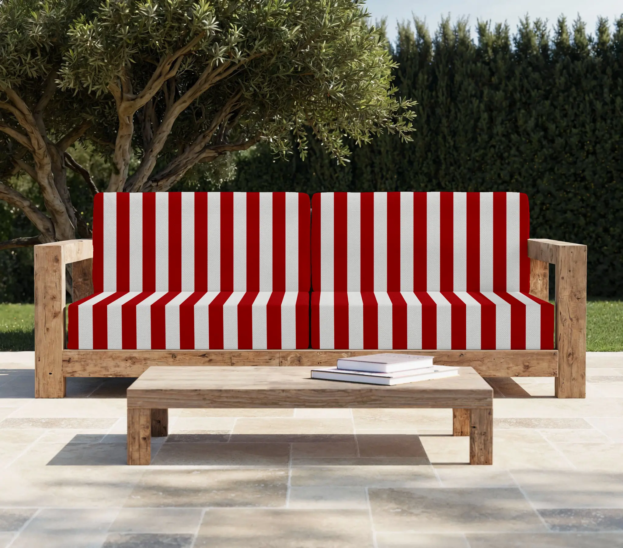 Coussin Banquette Extérieur Anti-tache - Rayures Larges - Rouge