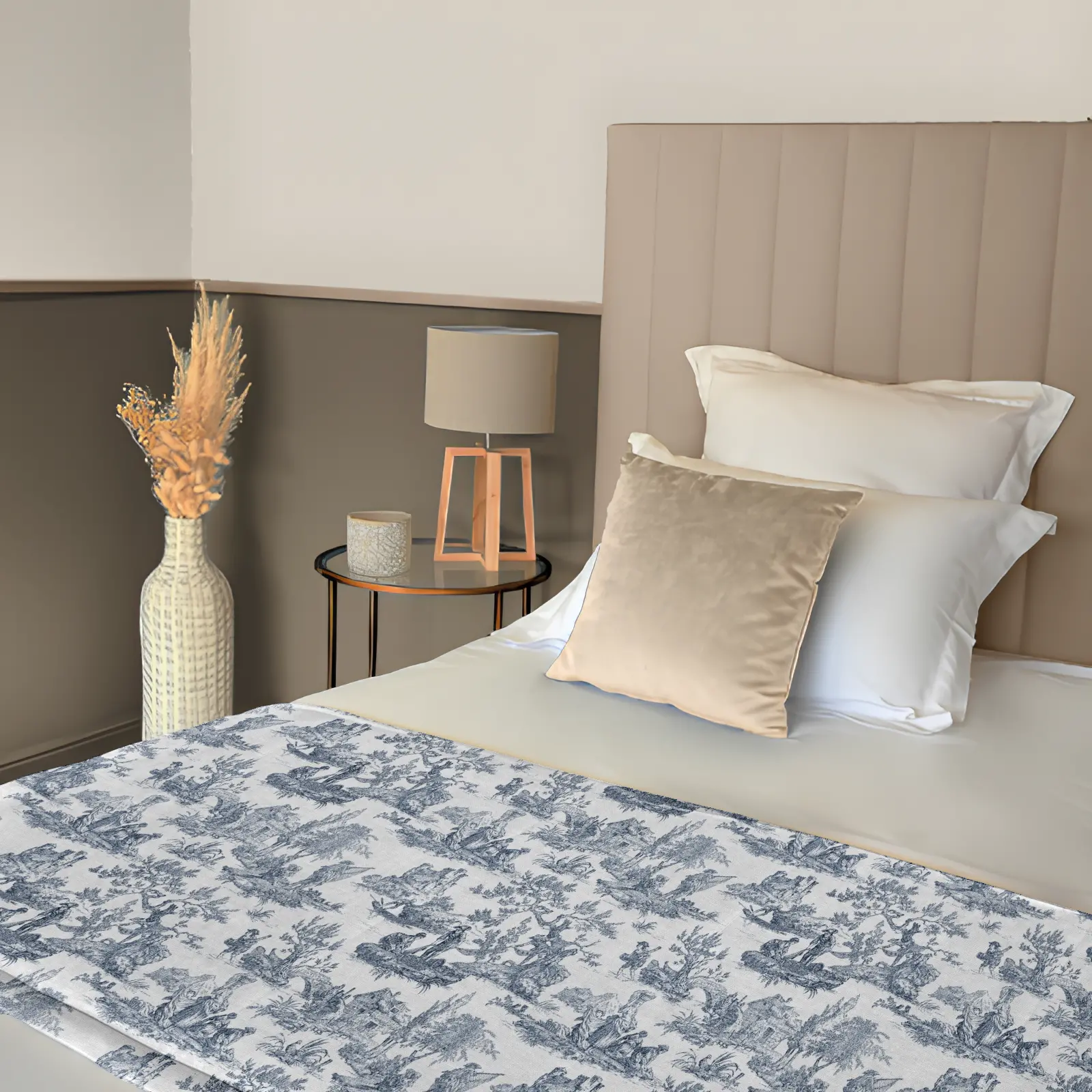 Chemin de Lit Toile de Jouy Bleu Indigo