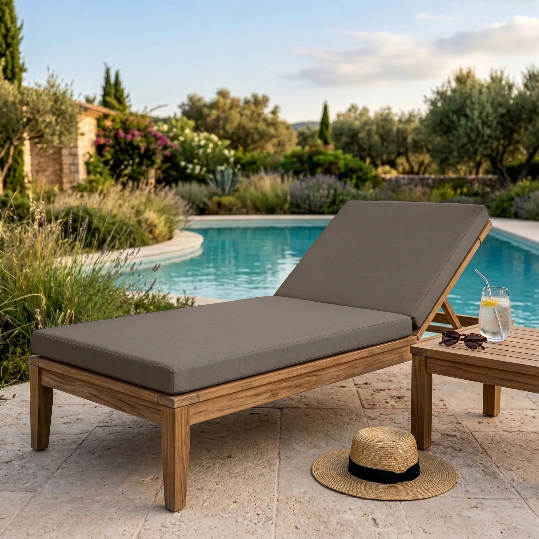 Coussin bain de soleil - Coloris taupe Sunbrella® - Matelas transat imperméable - Résistant UV et intempéries - Fabrication française