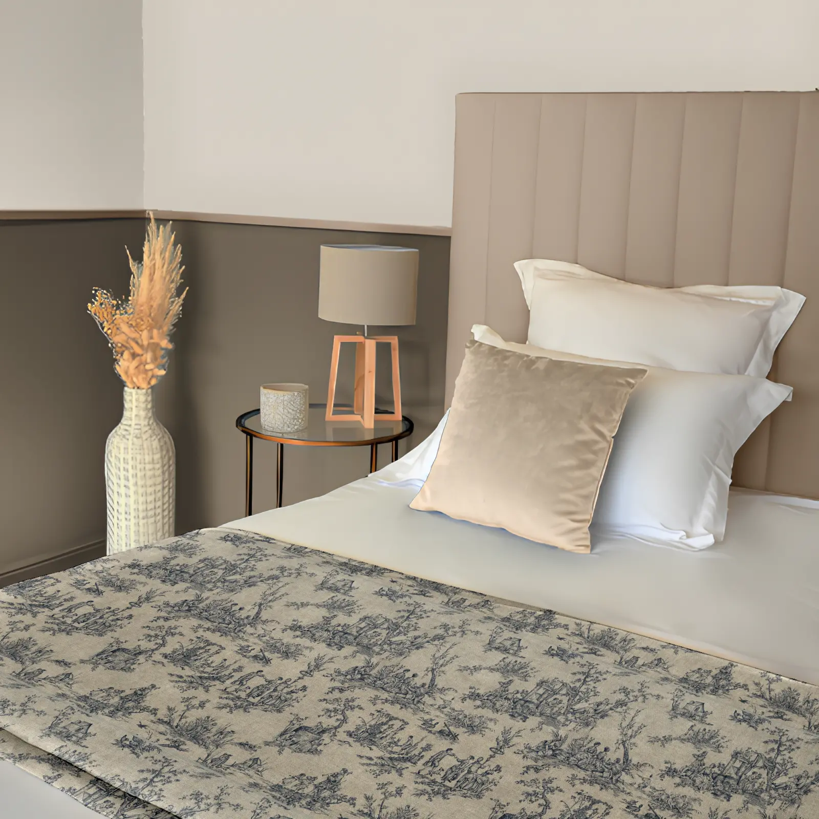 Chemin de Lit Toile de Jouy Bleu Encre